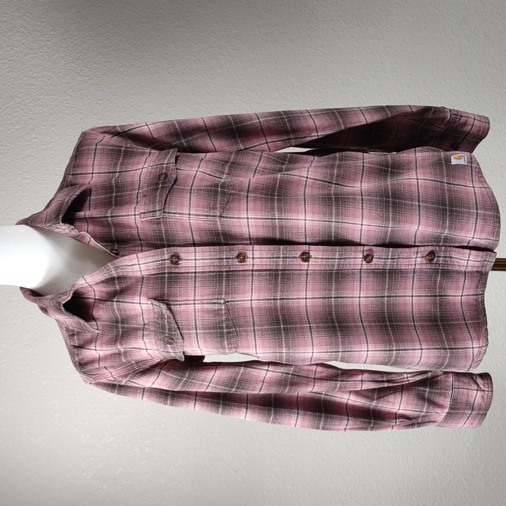 Carhartt Women's Flannel Shirt Pink White Brown Plaid Size M(8/10) Button Up